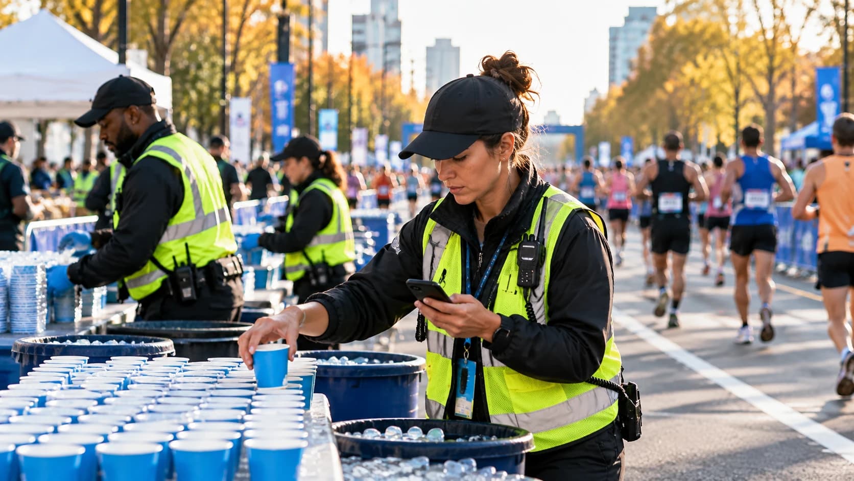 One crew member at a water station reading the job on her phone while she works her post — hers, and nobody else leaves theirs for it.