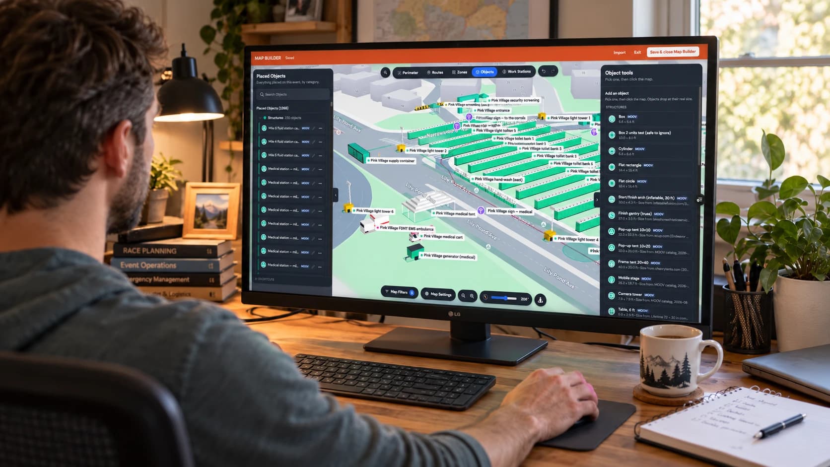 A race organizer at a home-office desk building the course in MOOV's Map Builder