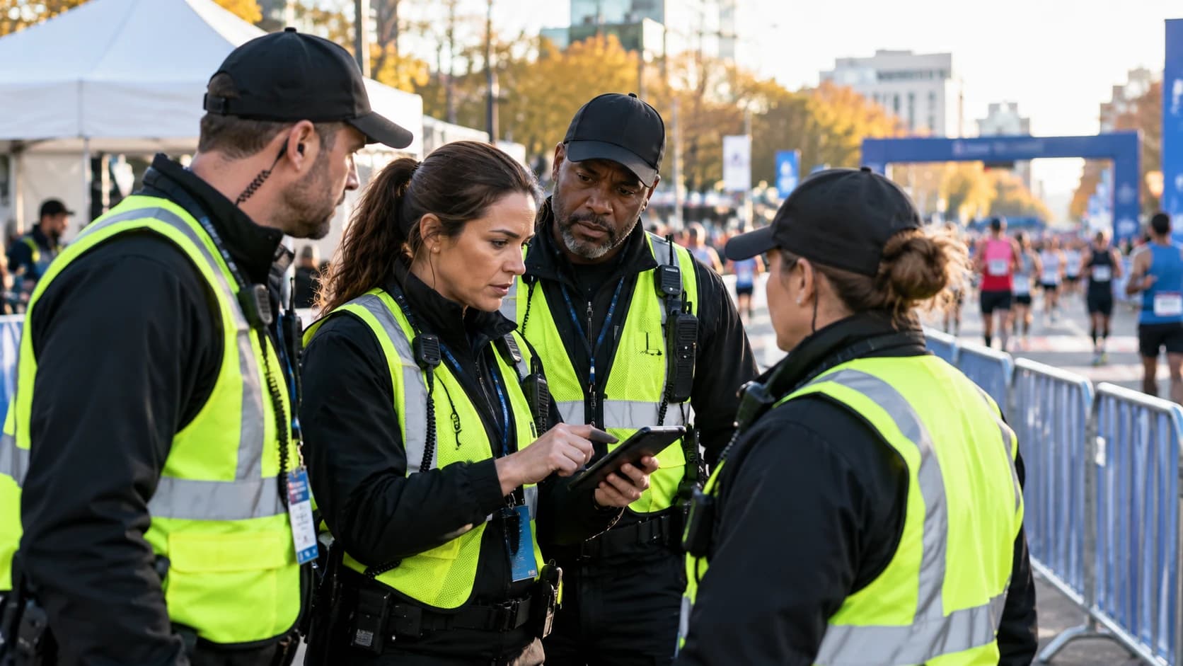 A security team gathered around one tablet at the finish line, taking the same brief at the same time.