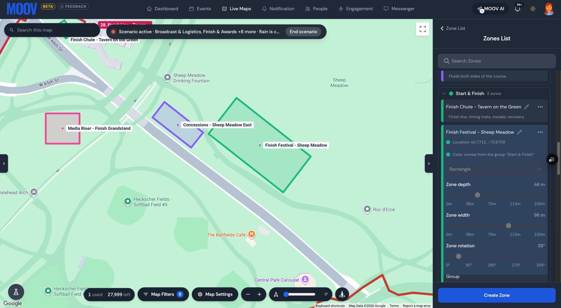 Reshaping a zone on the live plan — depth, width and rotation — with the zone list and its groups alongside.
