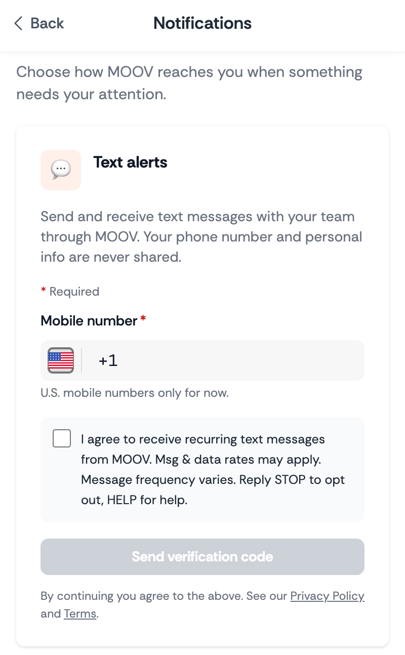 The Text alerts card in MOOV settings, with a Mobile number field, a checkbox beside the statement "I agree to receive recurring text messages from MOOV. Msg & data rates may apply. Message frequency varies. Reply STOP to opt out, HELP for help.", and a Send verification code button