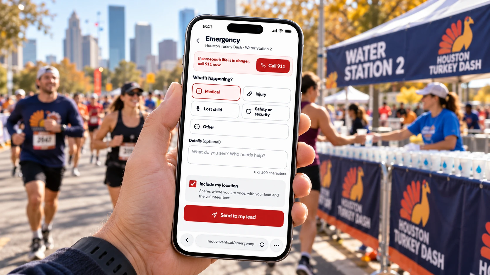 A volunteer at a water station holds a phone showing the MOOV emergency screen, with Medical selected and Send to my lead below